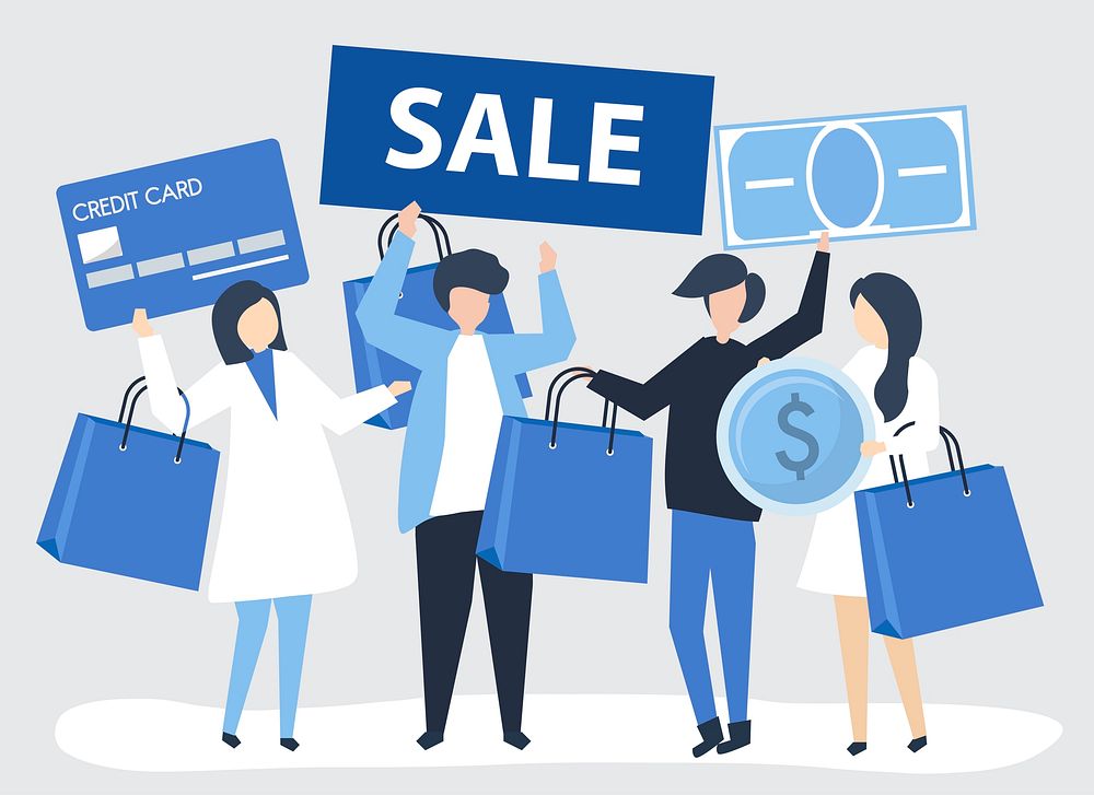 Characters of people holding shopping icons illustration