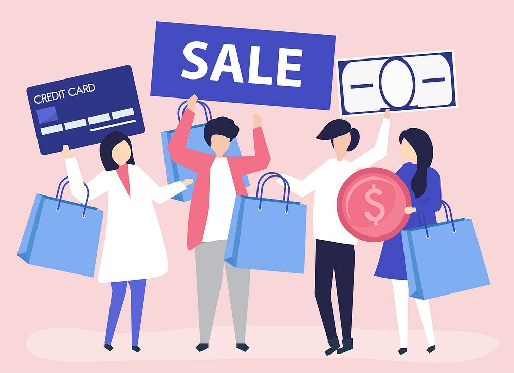 Characters of people holding shopping icons illustration