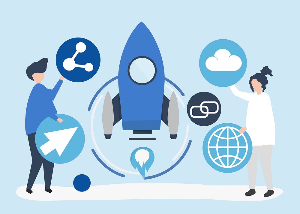 Two people holding startup technology icons illustration