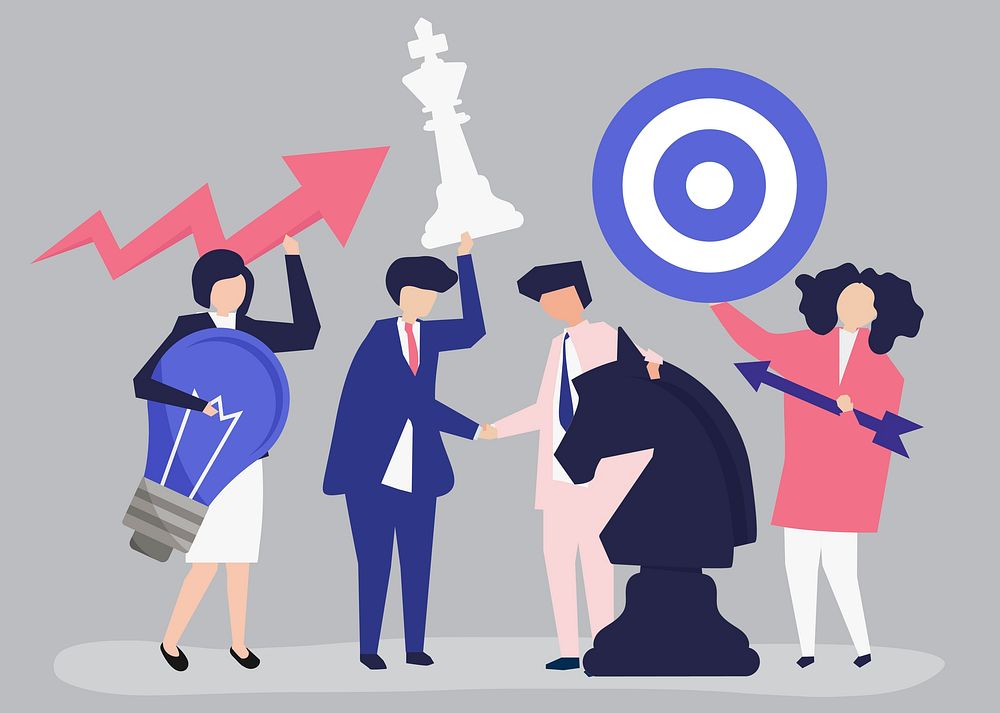 Business people holding goal and strategy icons illustration