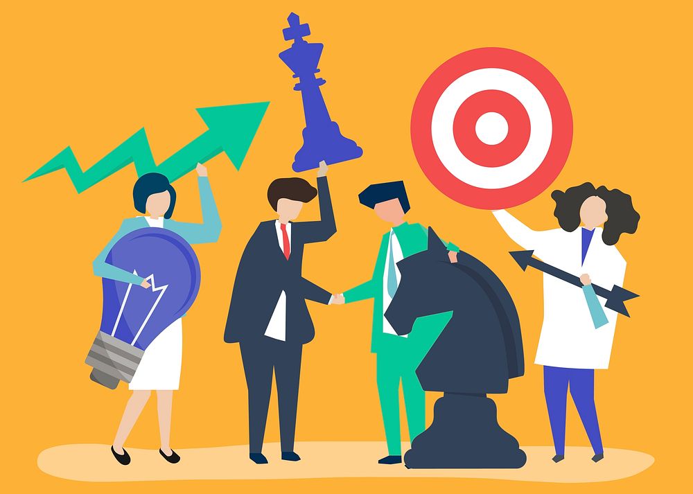 Business people holding goal and strategy icons illustration