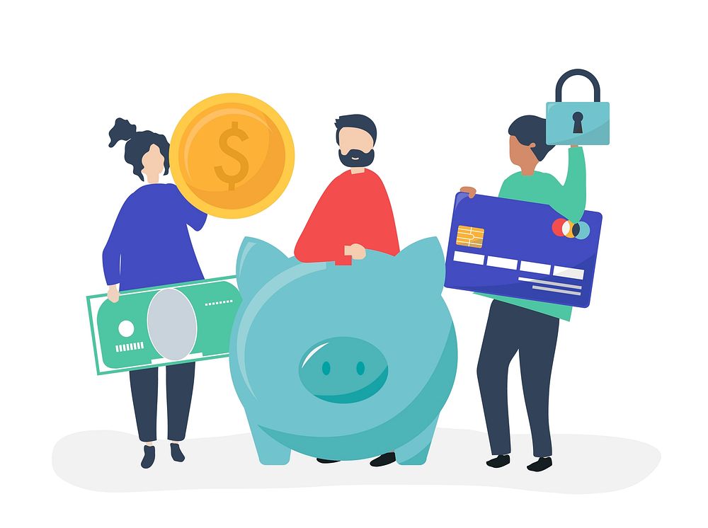 People holding savings and security icons illustration