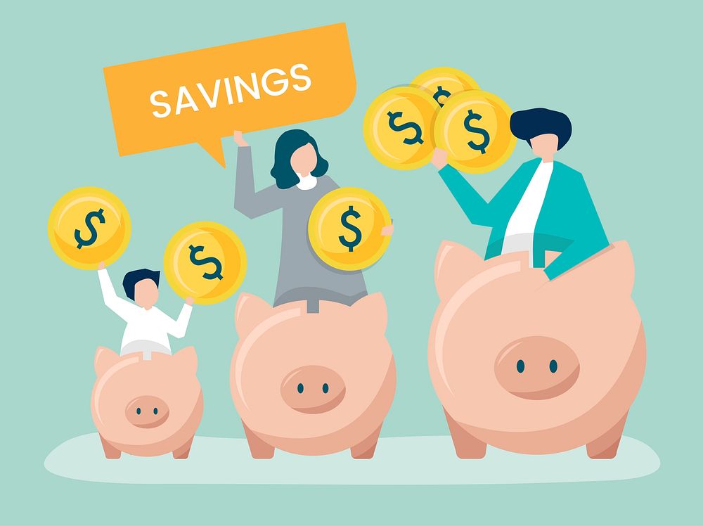 Family with savings and piggy bank icons illustration