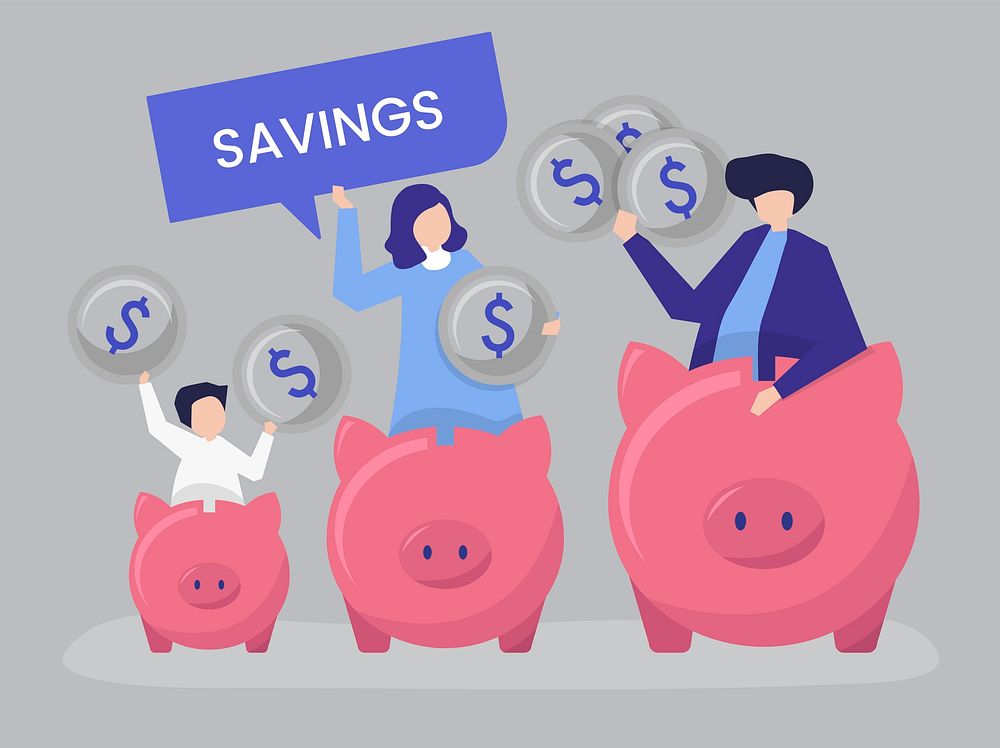Family with savings and piggy bank icons illustration