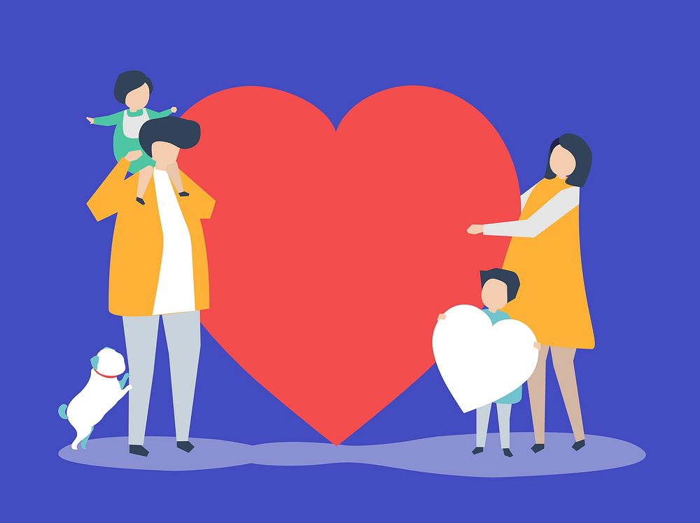 Characters of a family holding a heart shape illustration