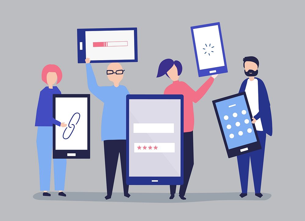 Characters of people holding giant digital devices illustration