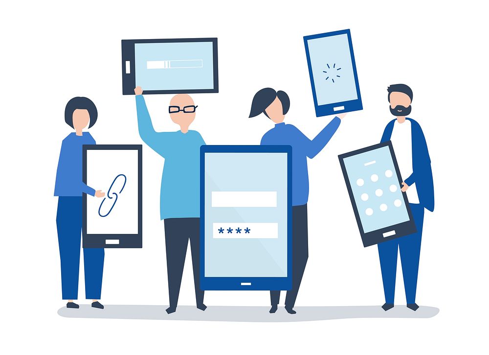 Characters of people holding giant digital devices illustration