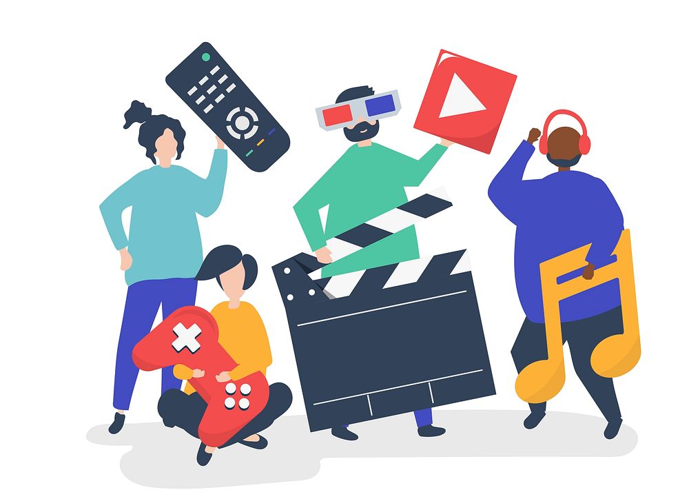 Characters of people holding multimedia icons illustration