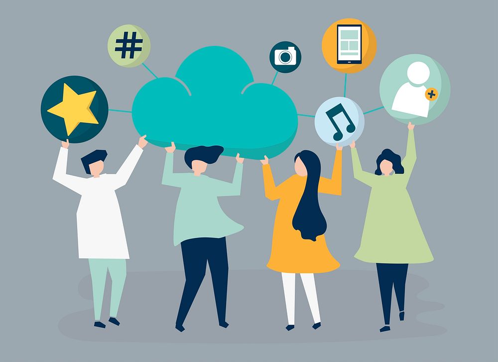People holding cloud and social networking icons illustration