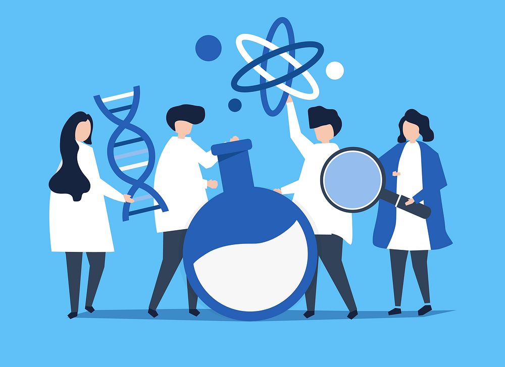 Characters of scientists holding chemistry icons illustration