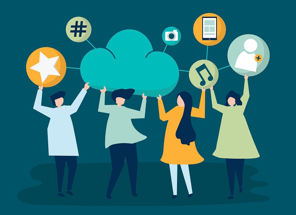 People holding cloud and social networking icons illustration