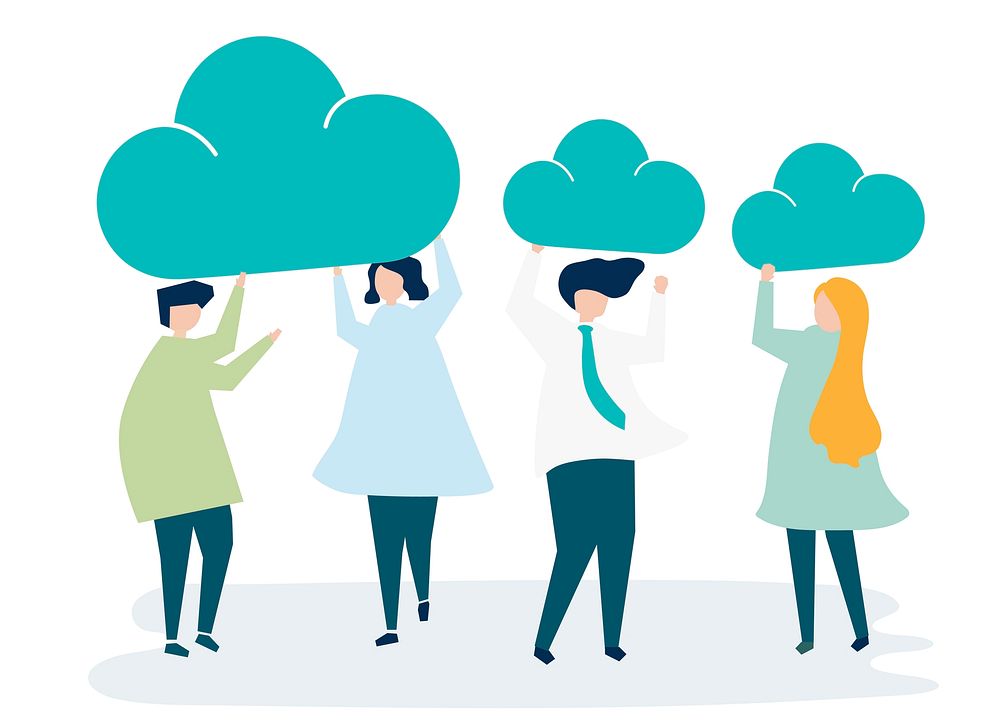 Characters of business people holding cloud icons illustration