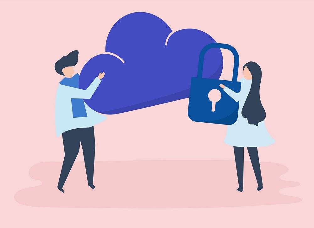 Characters of a couple and a cloud security illustration