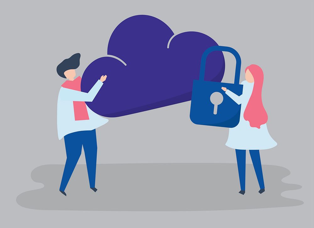 Characters of a couple and a cloud security illustration