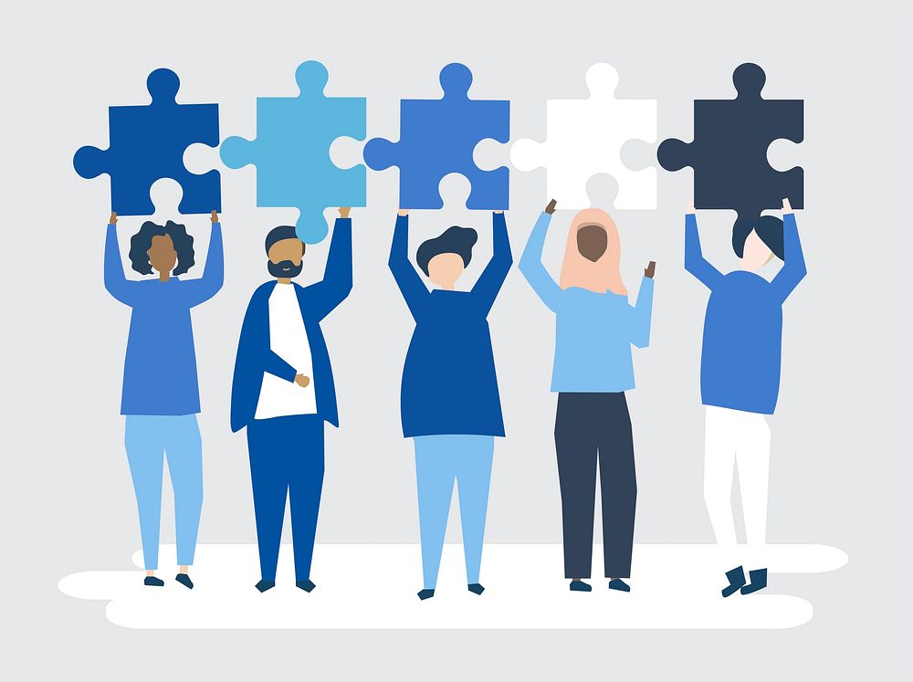 Diverse people holding different puzzle pieces illustration