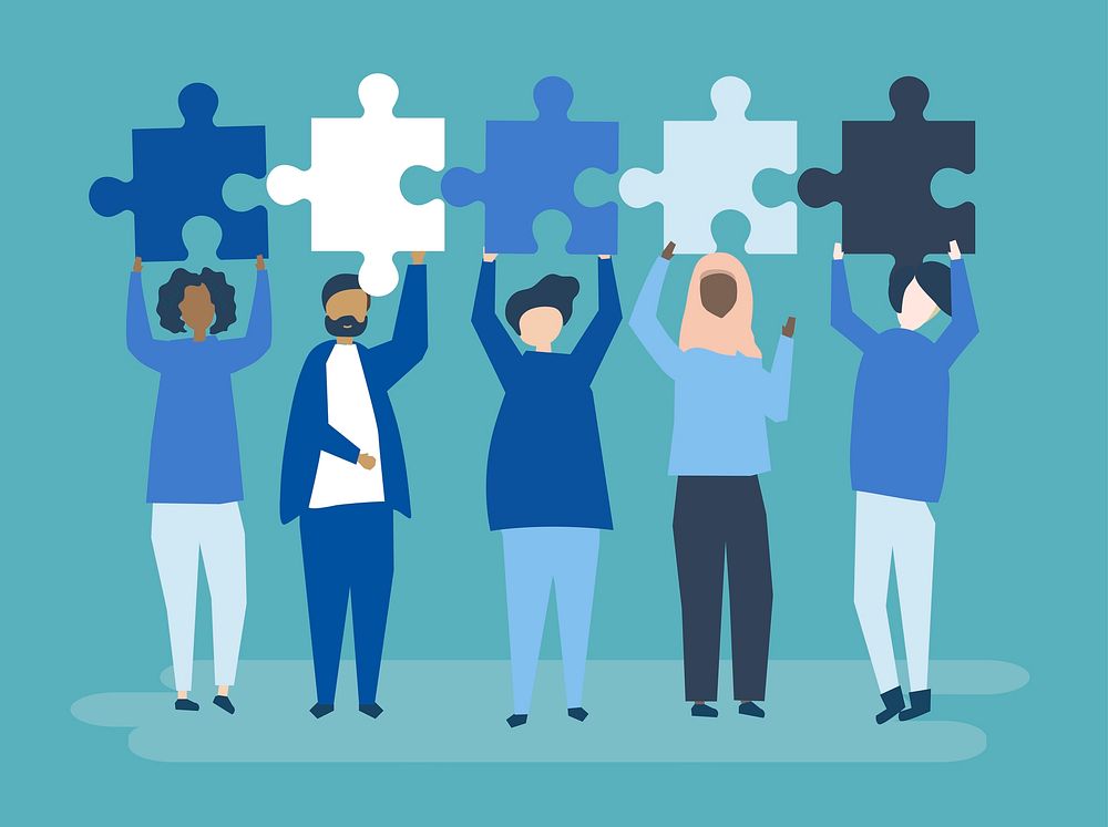 Diverse people holding different puzzle pieces illustration