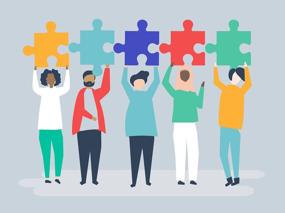 Diverse people holding different puzzle pieces illustration