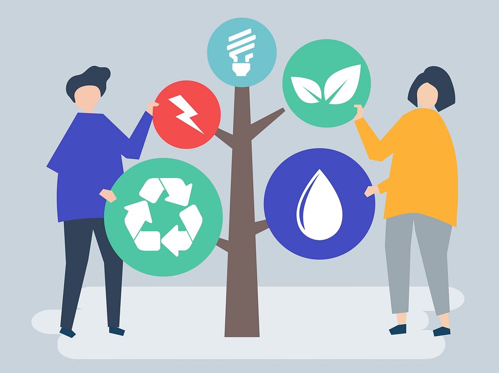 Characters of people and a tree of environmental icons illustration