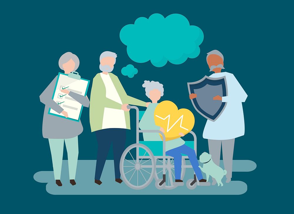 Characters of senior people holding healthcare icons illustration