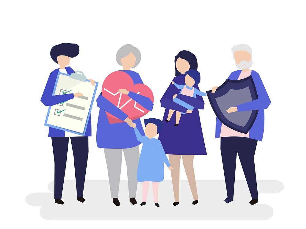 Characters of an extended family with healthcare illustration