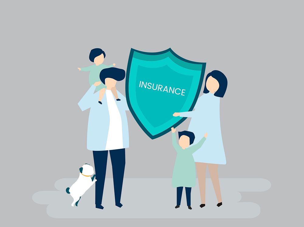 Character of a family holding an insurance illustration