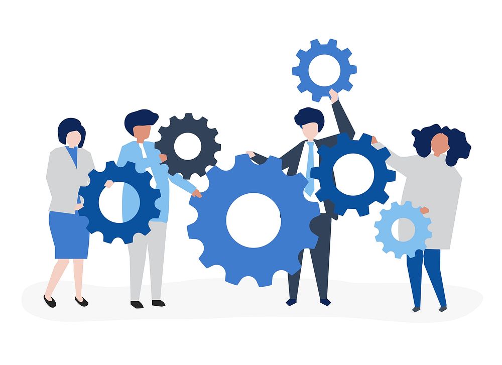 Characters of business people holding cogwheels illustration