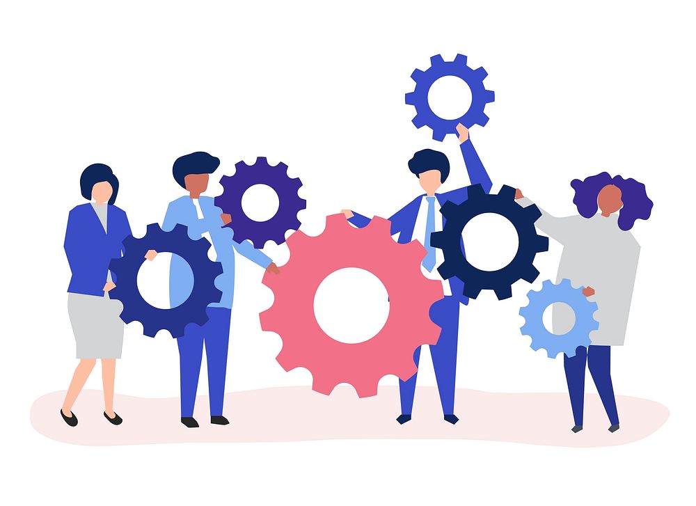 Characters of business people holding cogwheels illustration