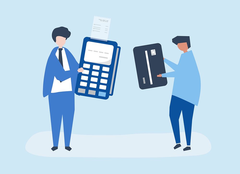 Characters of people making a credit card transaction illustration