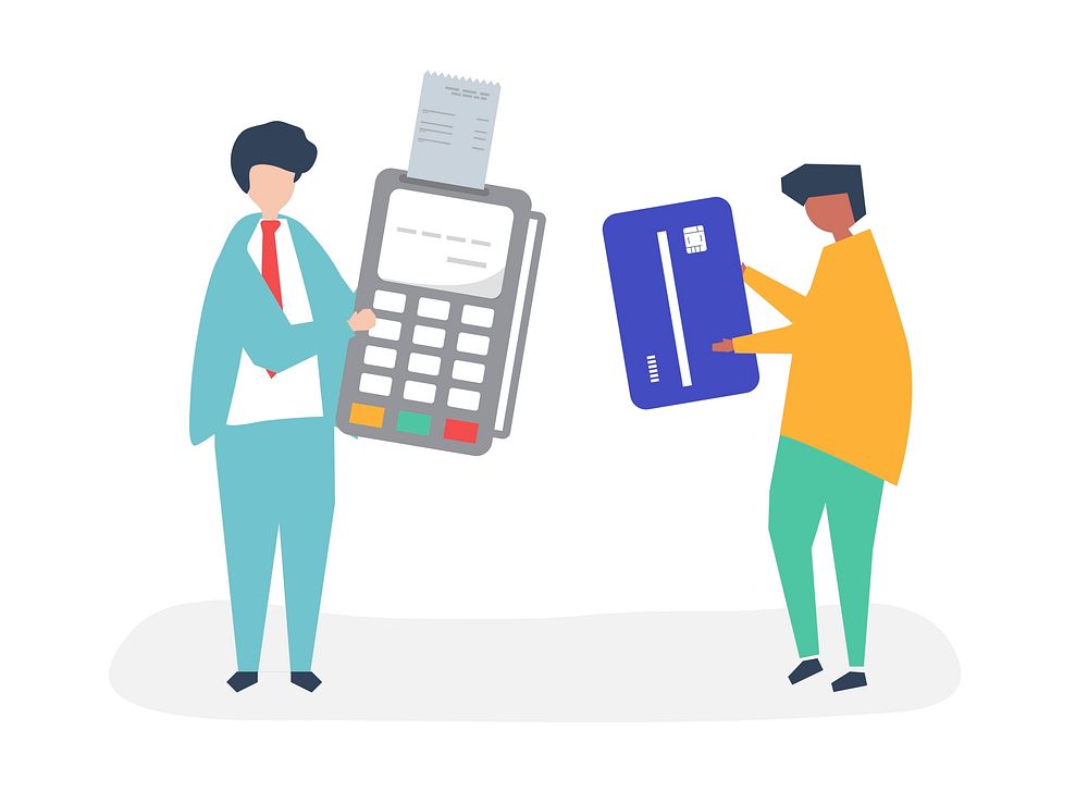 Characters of people making a credit card transaction illustration