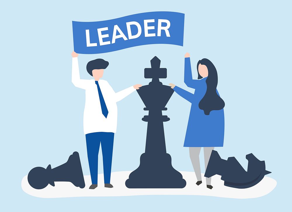 Business people with leadership flag and giant chess pieces