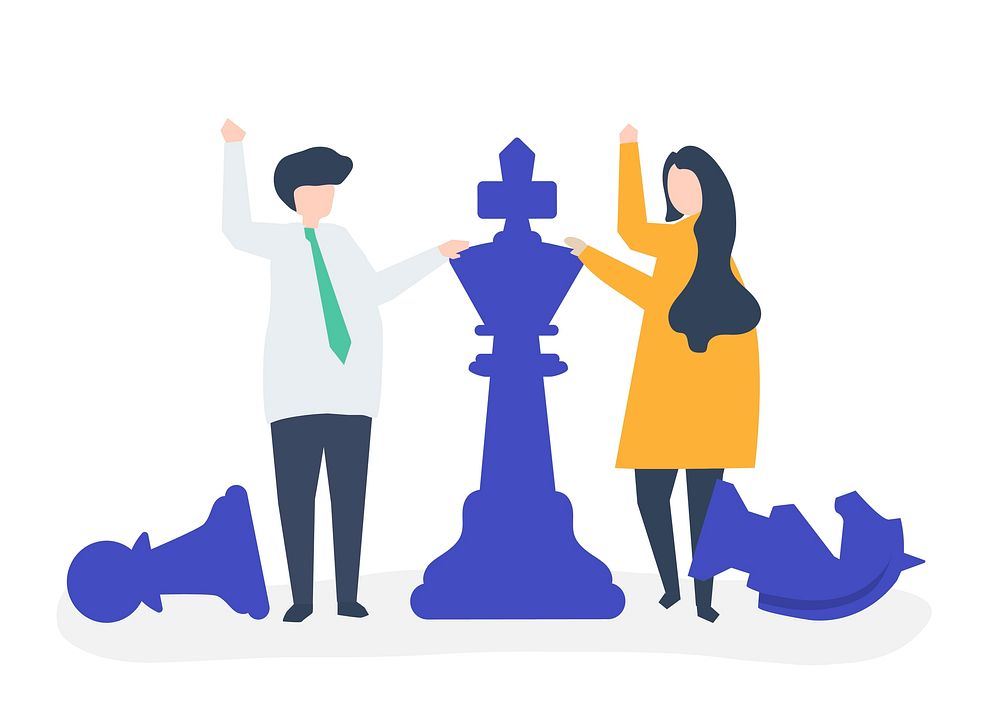 Business people with giant chess pieces