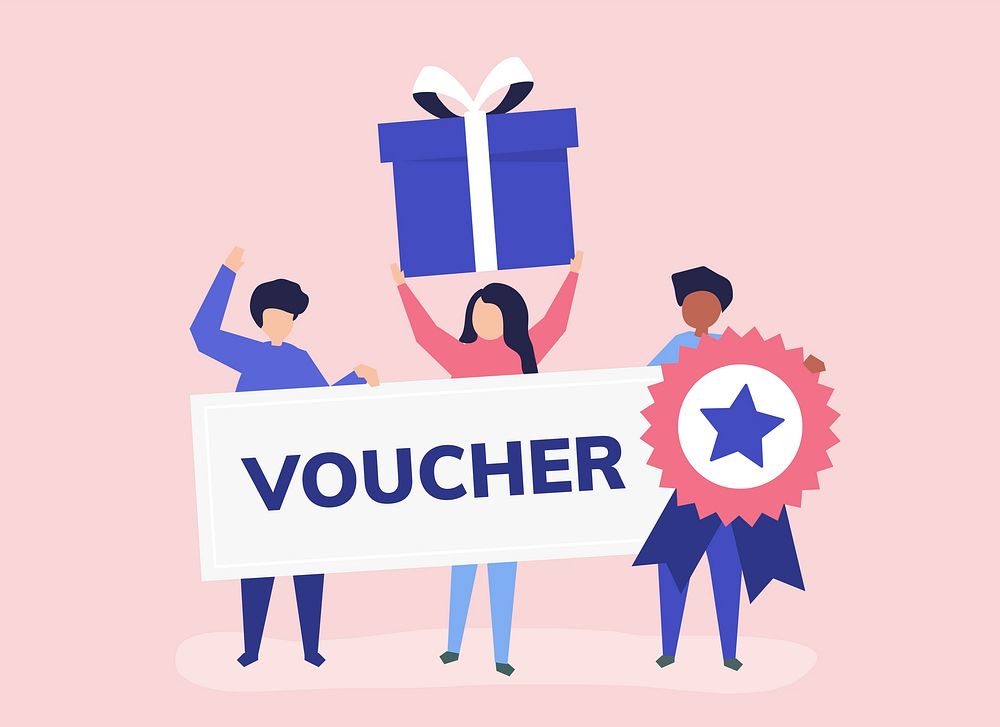 Character illustration of people holding voucher icons