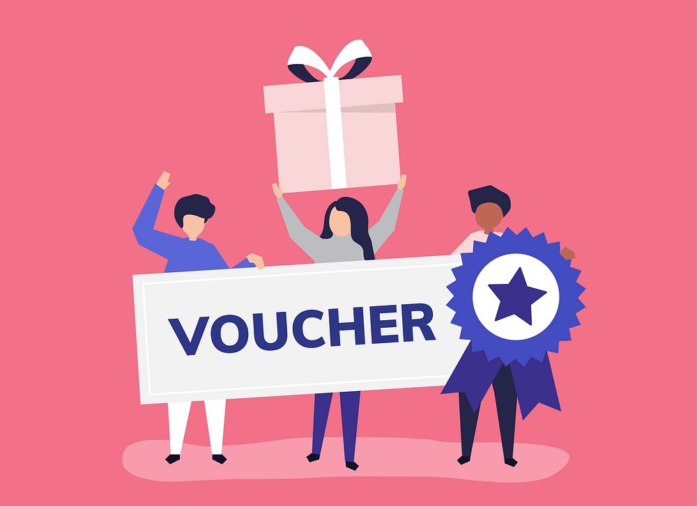 Character illustration of people holding voucher icons