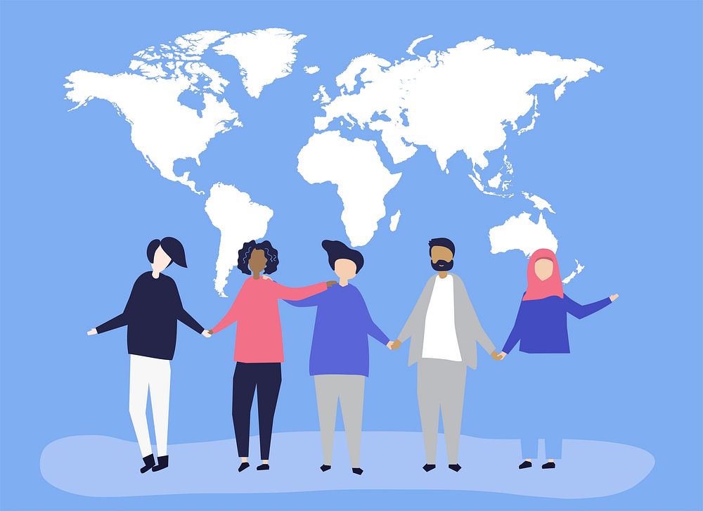 Character illustration of people with a world map illustration