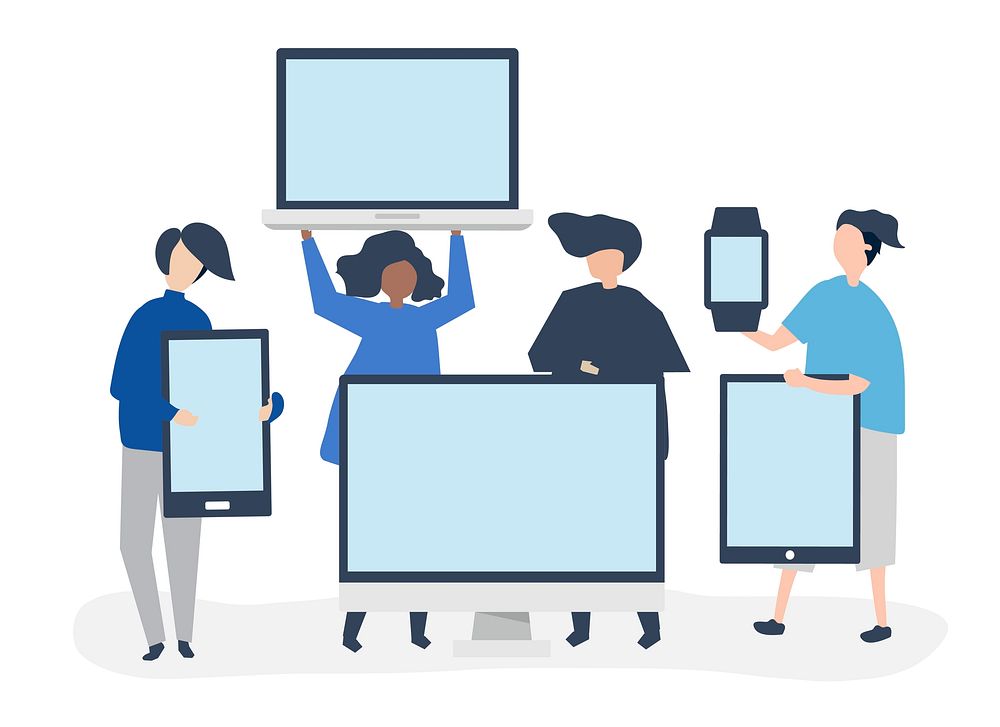 Character illustration of people with different digital devices