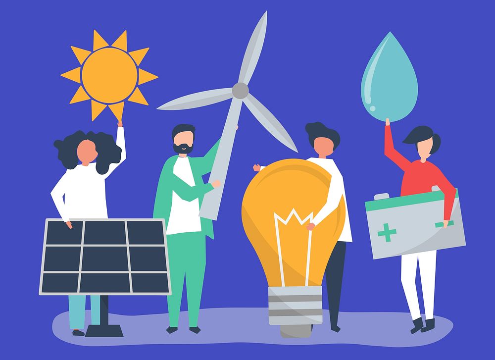 Characters of people holding green energy icons