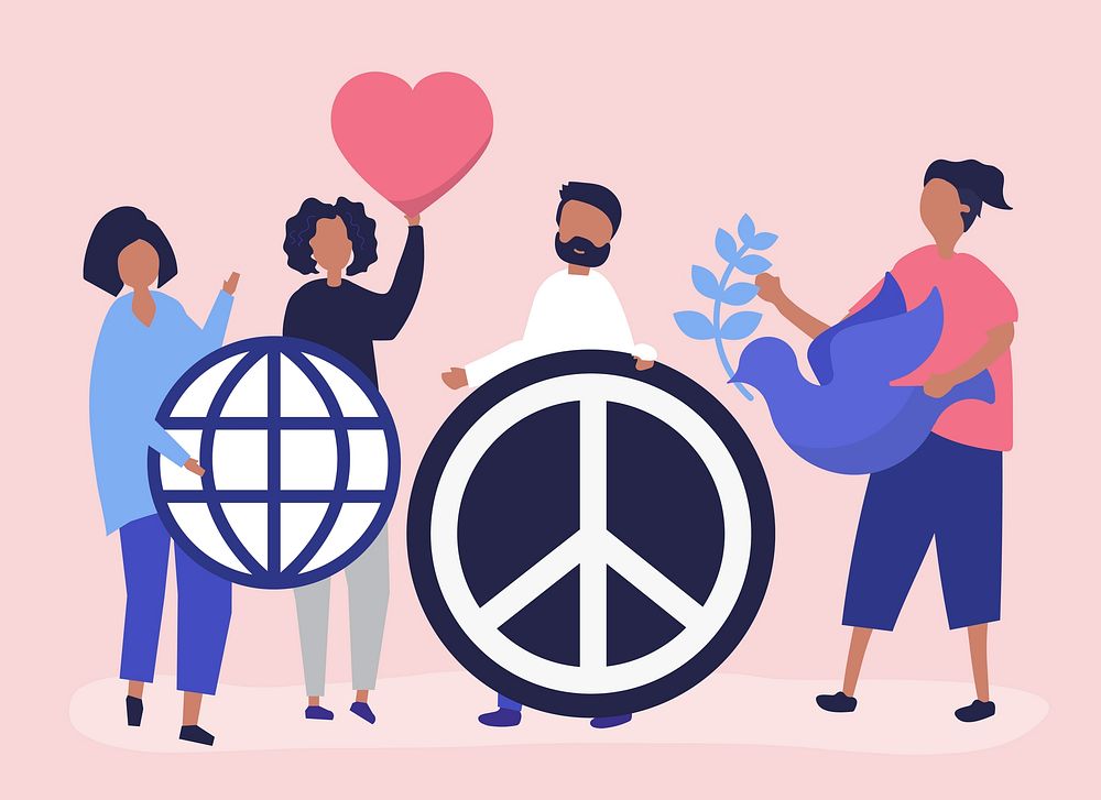 Characters of people holding peace icon illustration