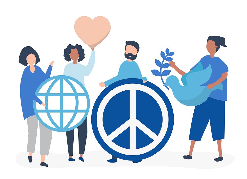 Characters of people holding peace icon illustration