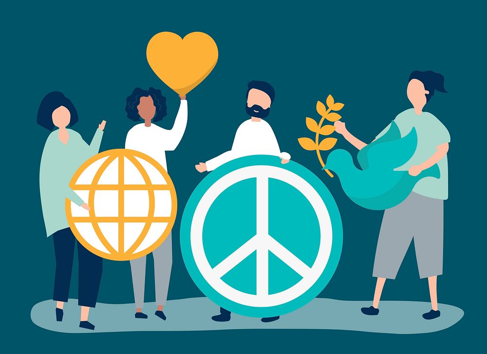 Characters of people holding peace icon illustration