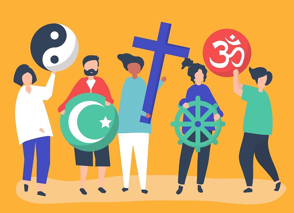 People holding diverse religious symbols illustration