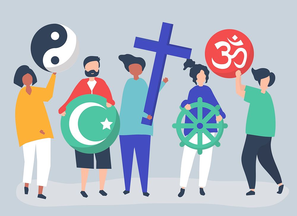 People holding diverse religious symbols illustration