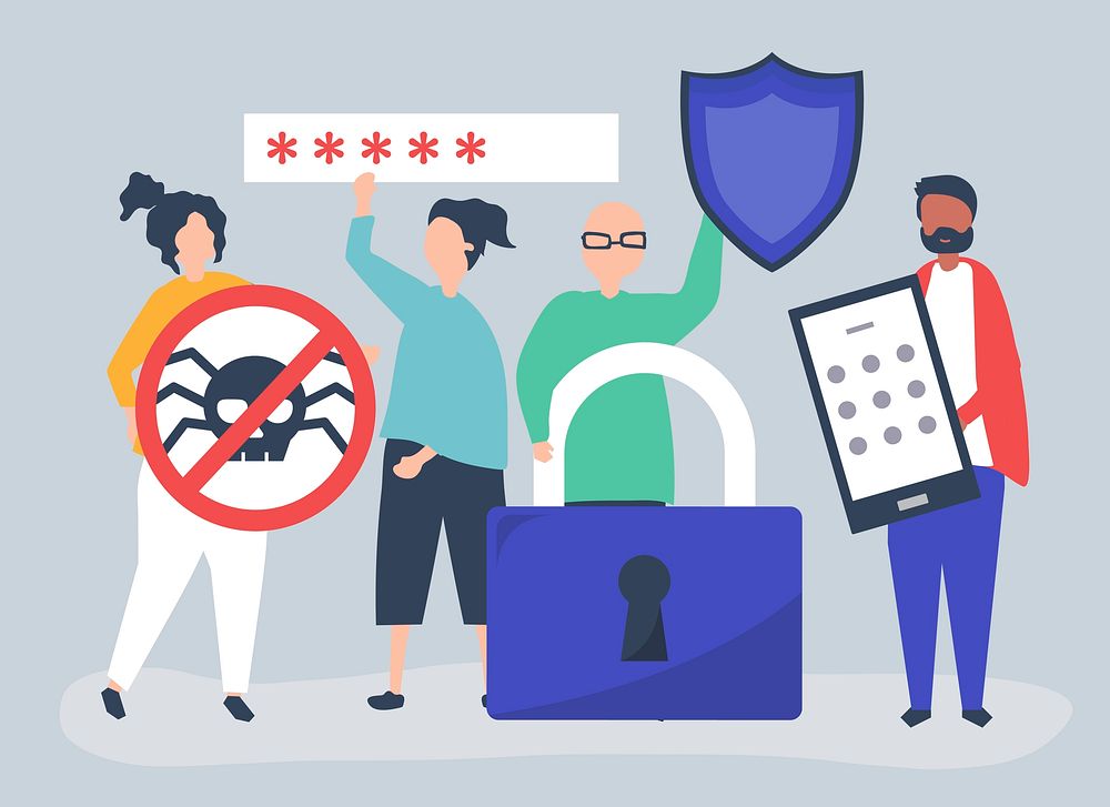 Illustration of people with privacy and security icons