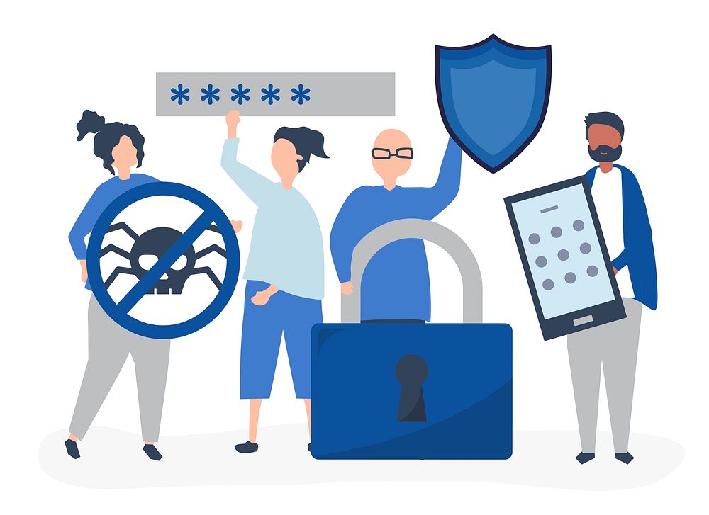 Illustration of people with privacy and security icons