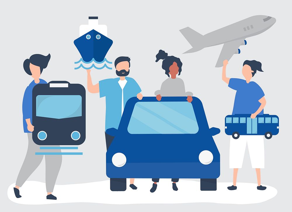 People holding different transportation icons