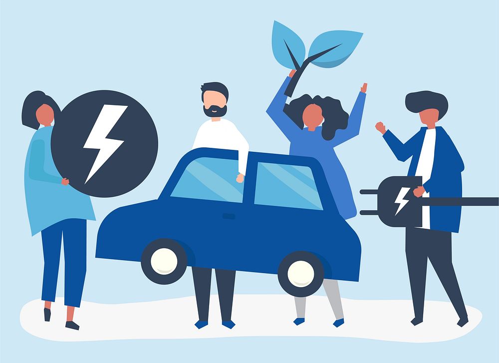 Group of people with an electric car