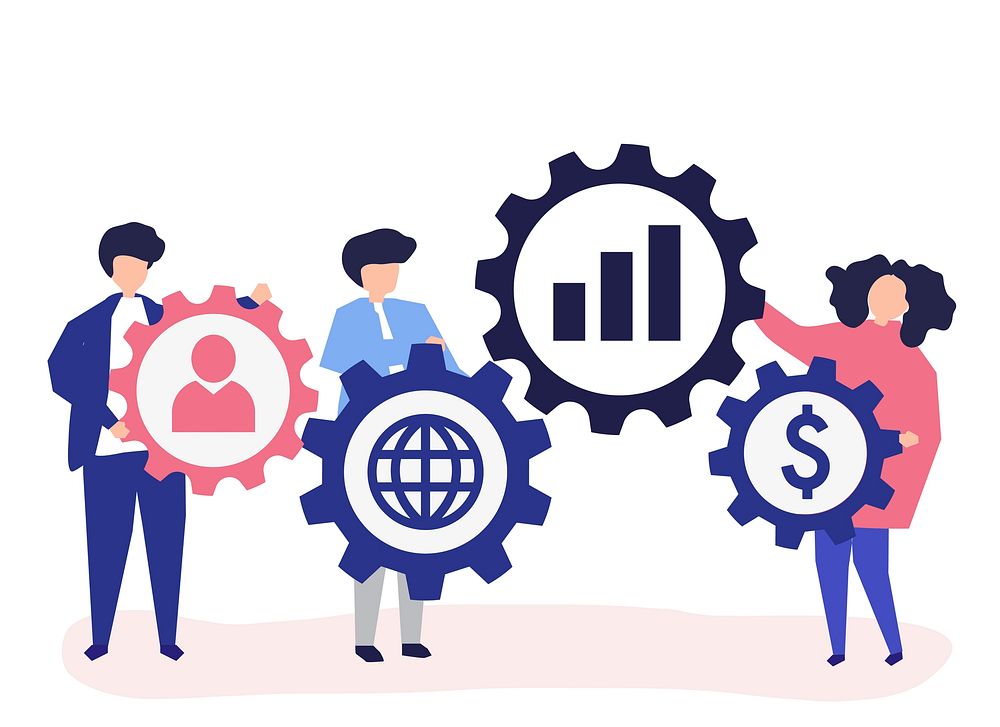 Character illustration of business people holding strategy icons