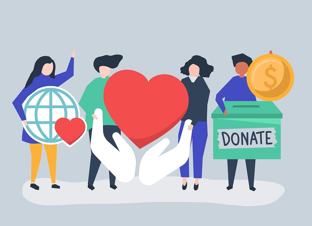 People carrying donation and charity related icons