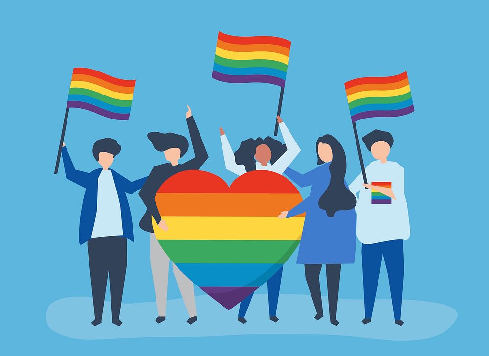 Character illustration of people holding LGBT support icons