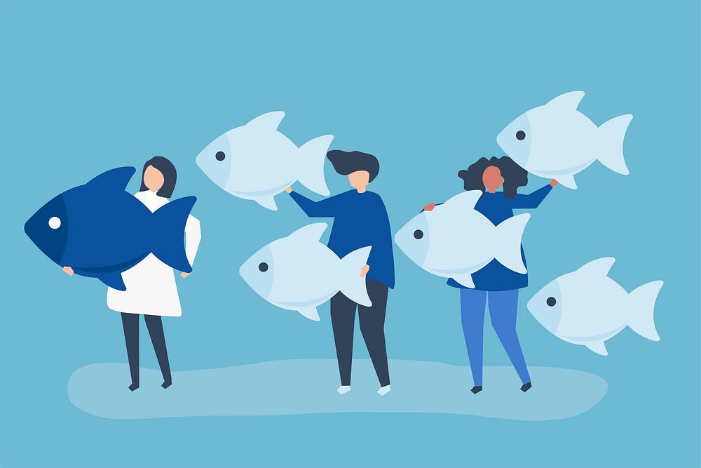 People carrying fish icons in leadership concept