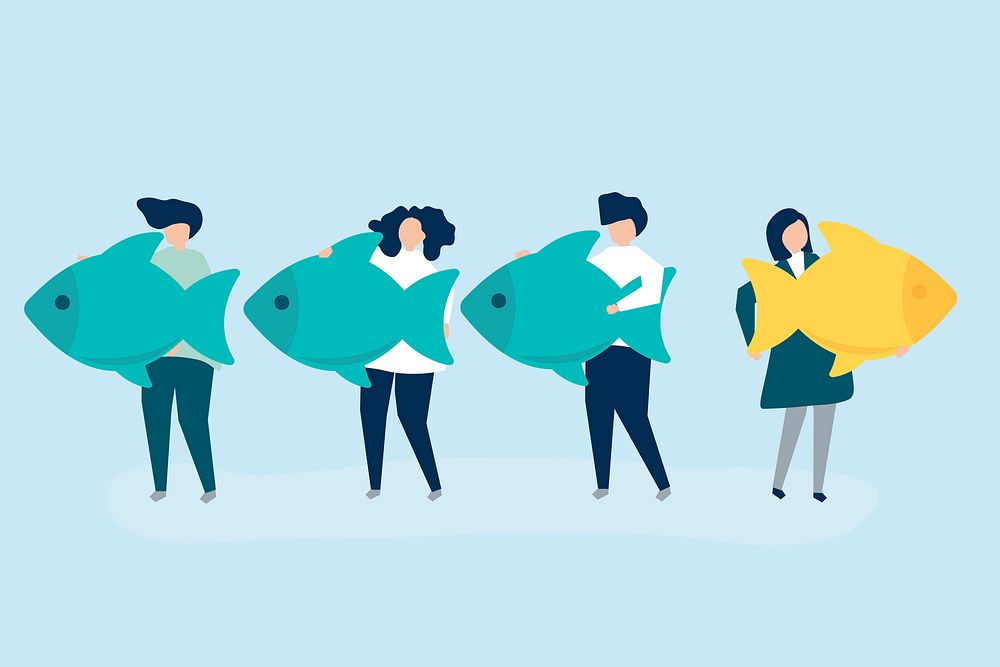 People carrying fish icons in leadership concept